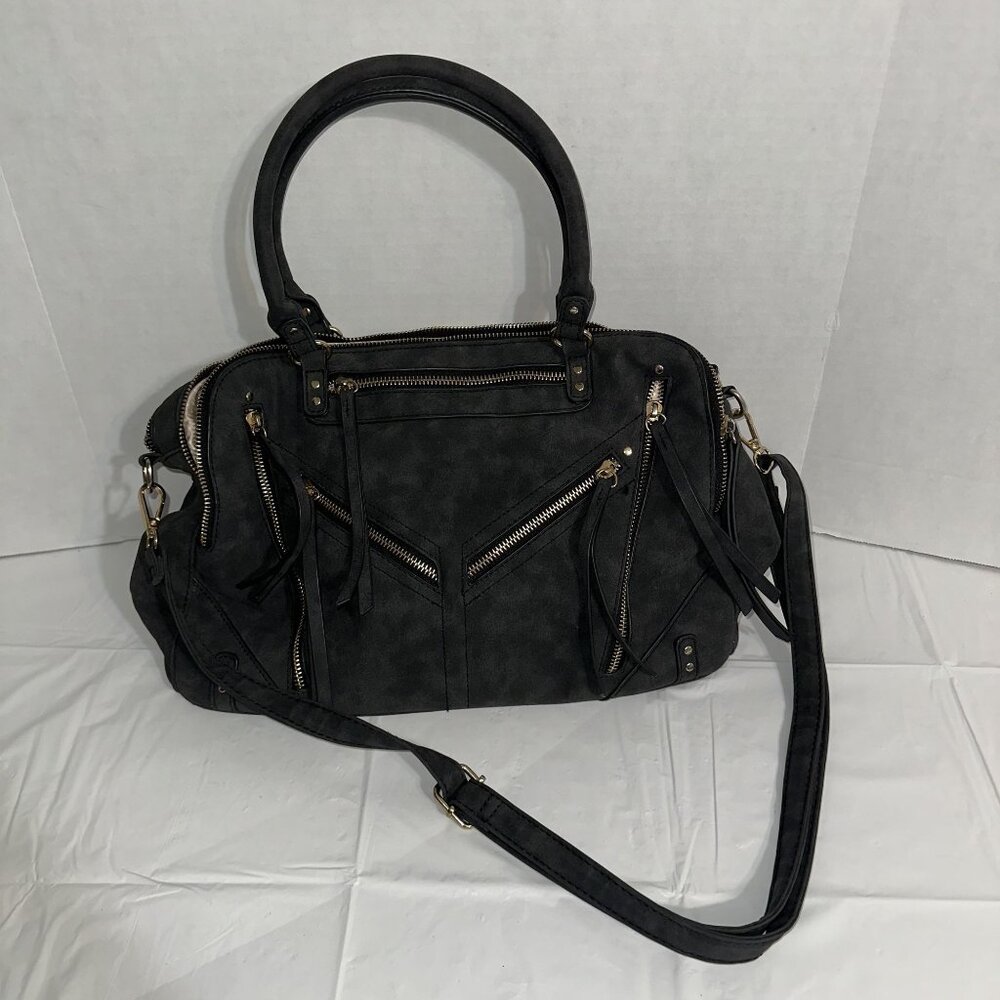 Womens Charcoal Grey Faux Suede Handbag With Gold Tone Zipper Accents